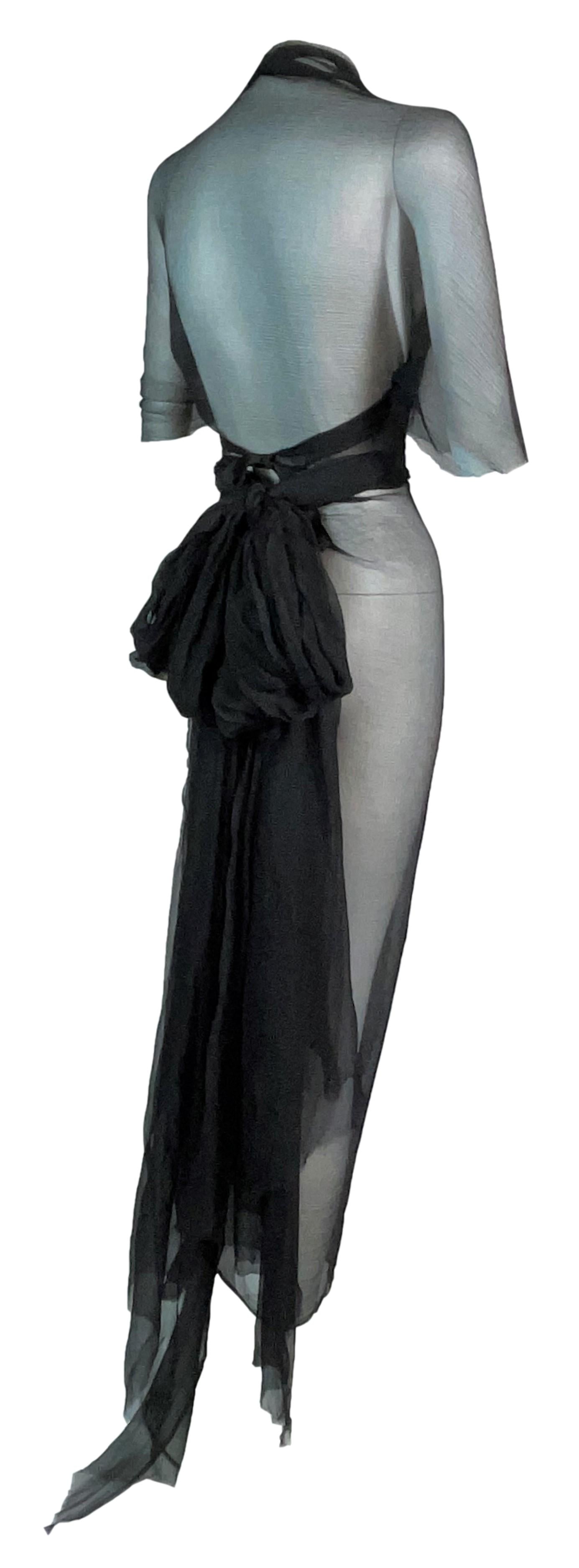 2000's Maison Martin Margiela Artisanal Sheer Black Japanese Kimono Style Wrap Dress w Bow