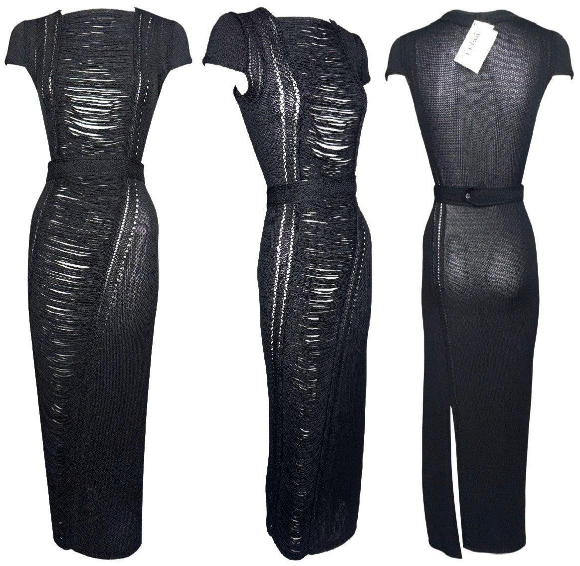 NWT 2000's Gianfranco Ferre Sheer Black Fringe Front Wiggle Maxi Dress w Belt