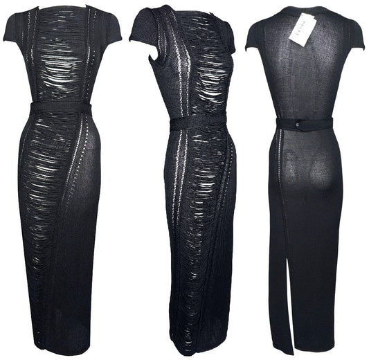 NWT 2000's Gianfranco Ferre Sheer Black Fringe Front Wiggle Maxi Dress w Belt