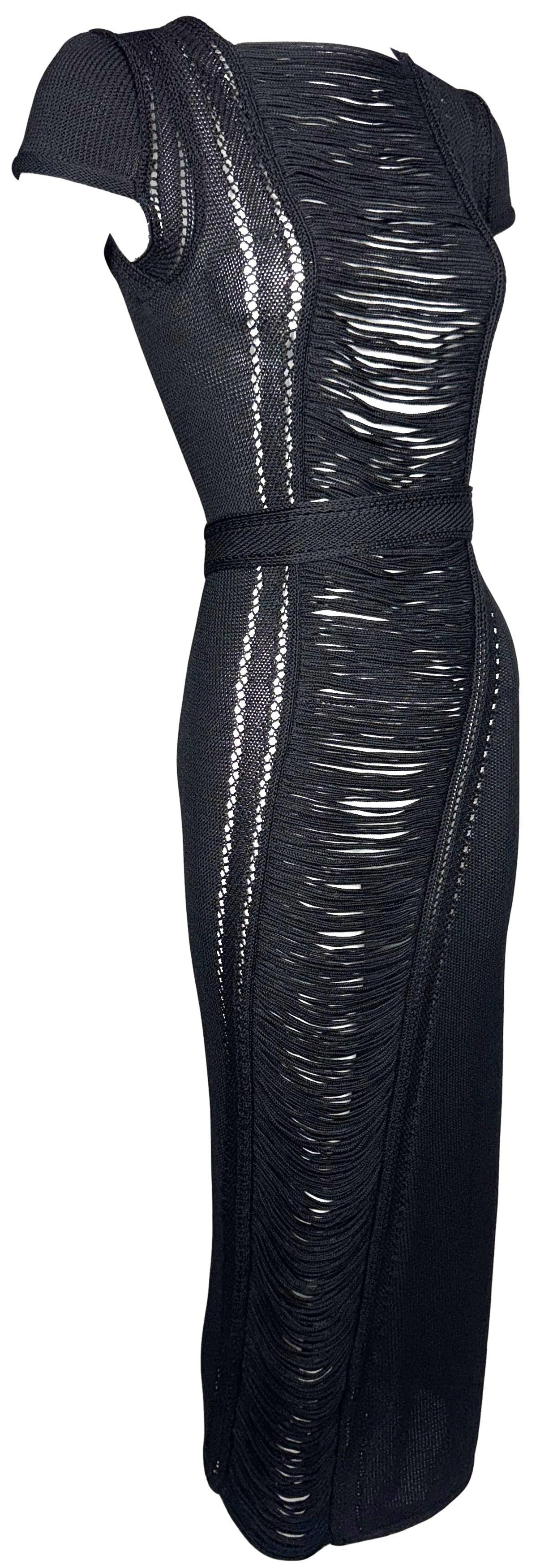 NWT 2000's Gianfranco Ferre Sheer Black Fringe Front Wiggle Maxi Dress w Belt