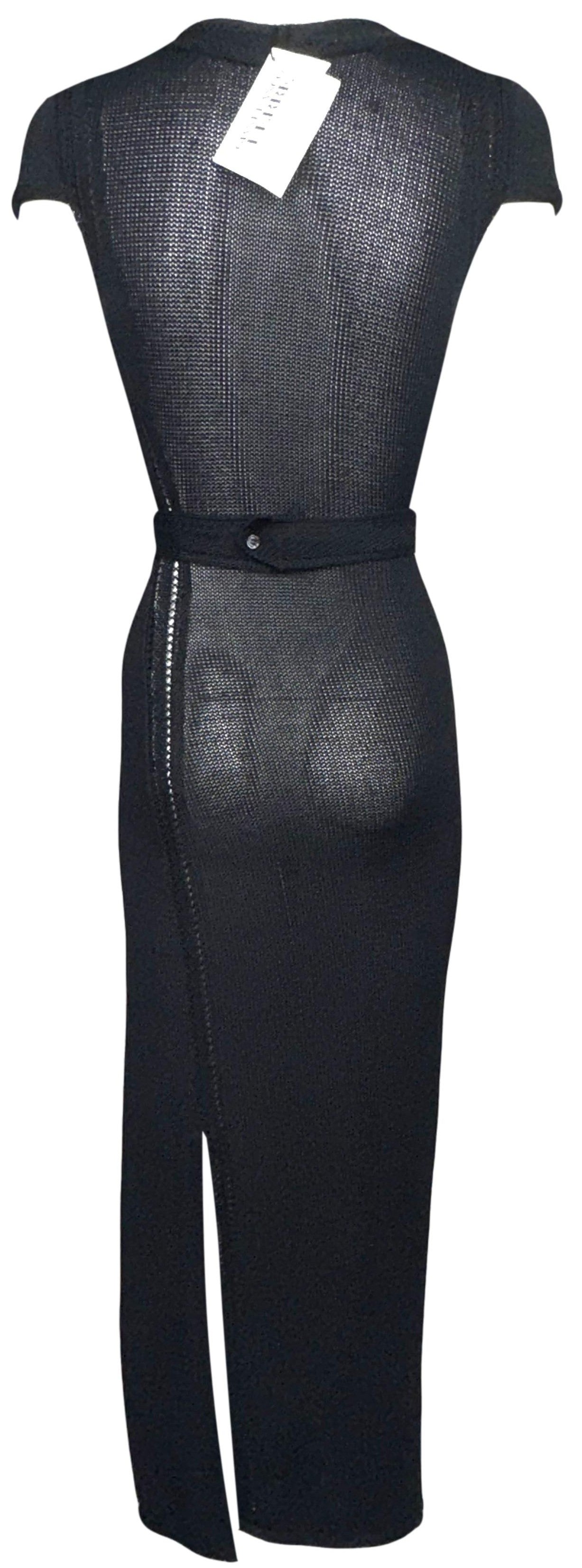 NWT 2000's Gianfranco Ferre Sheer Black Fringe Front Wiggle Maxi Dress w Belt