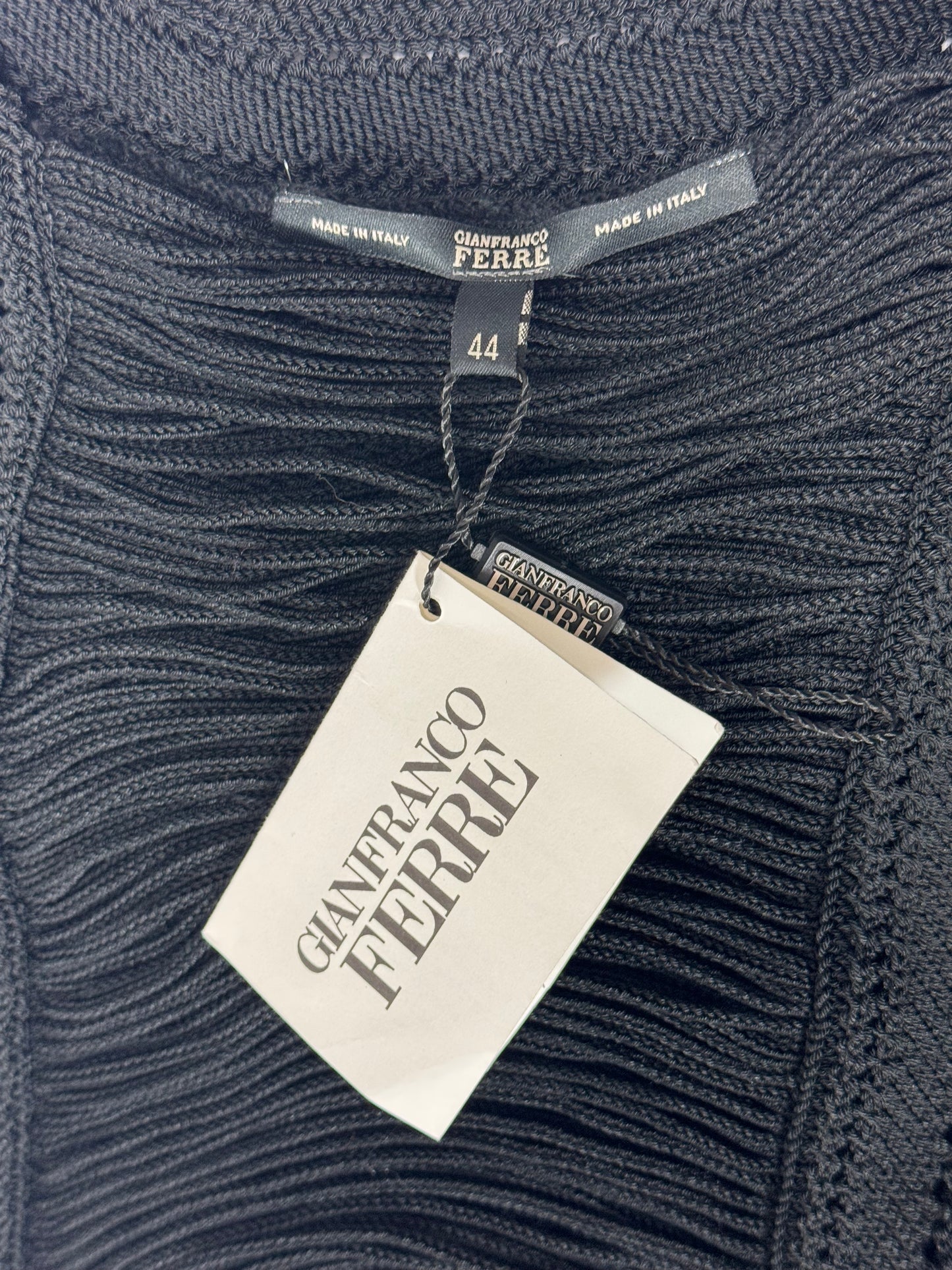 NWT 2000's Gianfranco Ferre Sheer Black Fringe Front Wiggle Maxi Dress w Belt