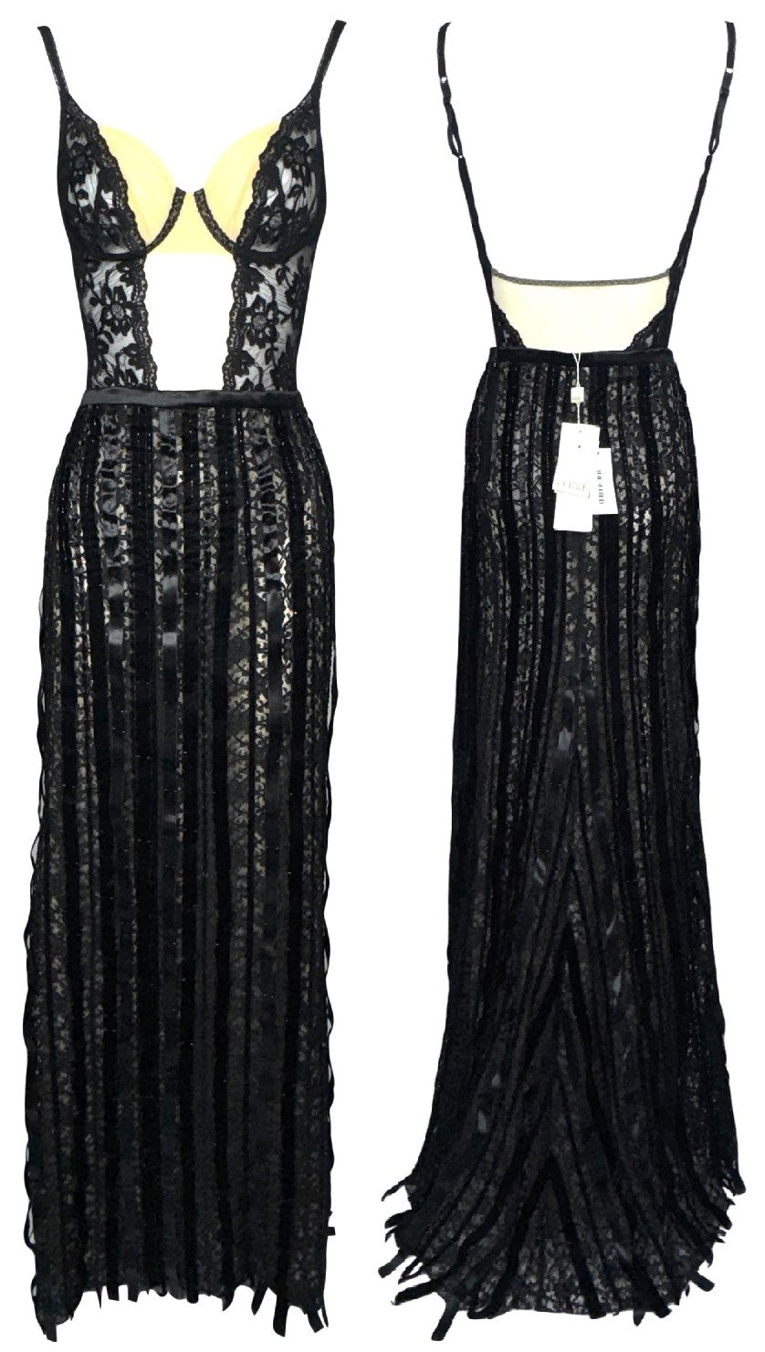 2000's NWT GIanfranco Ferre Sheer Nude Mesh & Black Lace Plunging Bodysuit & Beaded Lace Maxi Skirt Set