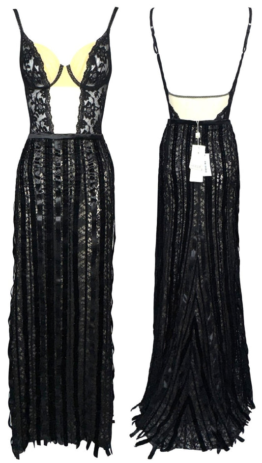 2000's NWT GIanfranco Ferre Sheer Nude Mesh & Black Lace Plunging Bodysuit & Beaded Lace Maxi Skirt Set