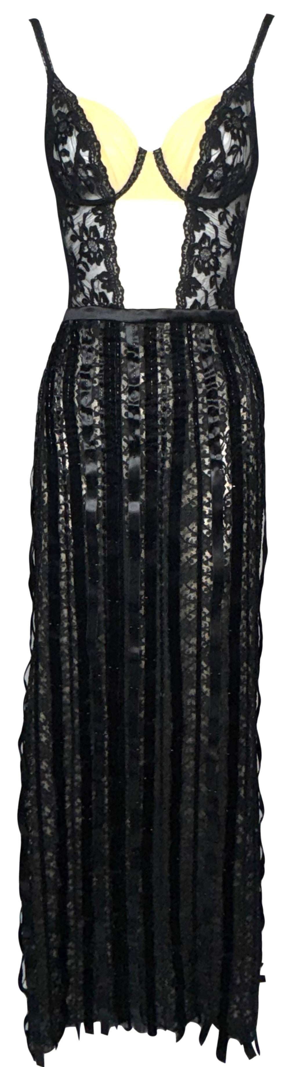 2000's NWT GIanfranco Ferre Sheer Nude Mesh & Black Lace Plunging Bodysuit & Beaded Lace Maxi Skirt Set