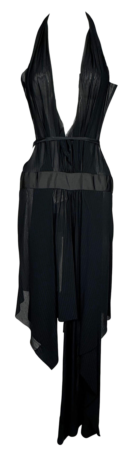 NWT 2000's Yohji Yamamoto Plunging Black Pinstripe Wrap Apron Dress