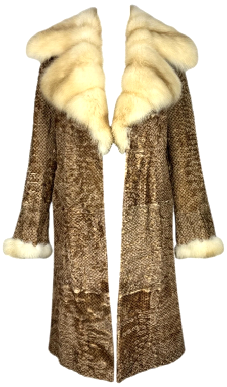 2000's Oscar de la Renta Brown Fur Midi Length Jacket Coat w Sable Fur Collar & Cuffs