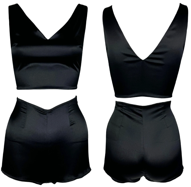 2000's Prada 1940's Pin-Up Style Back Stretch Silk Crop Top & High Waist Shorts Set