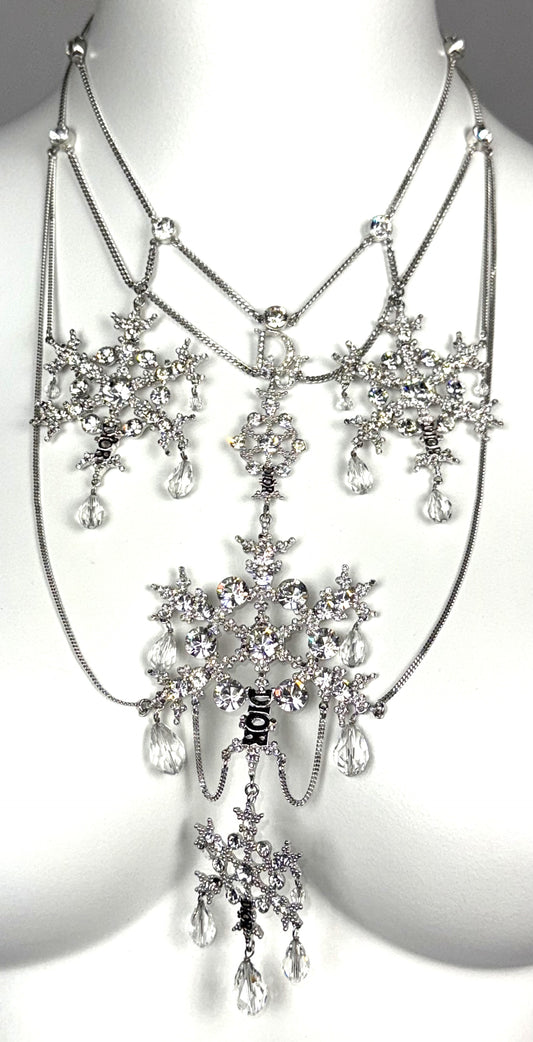2000's Christian Dior x John Galliano RARE Large Silver Crystal Snowflake Chandelier Necklace