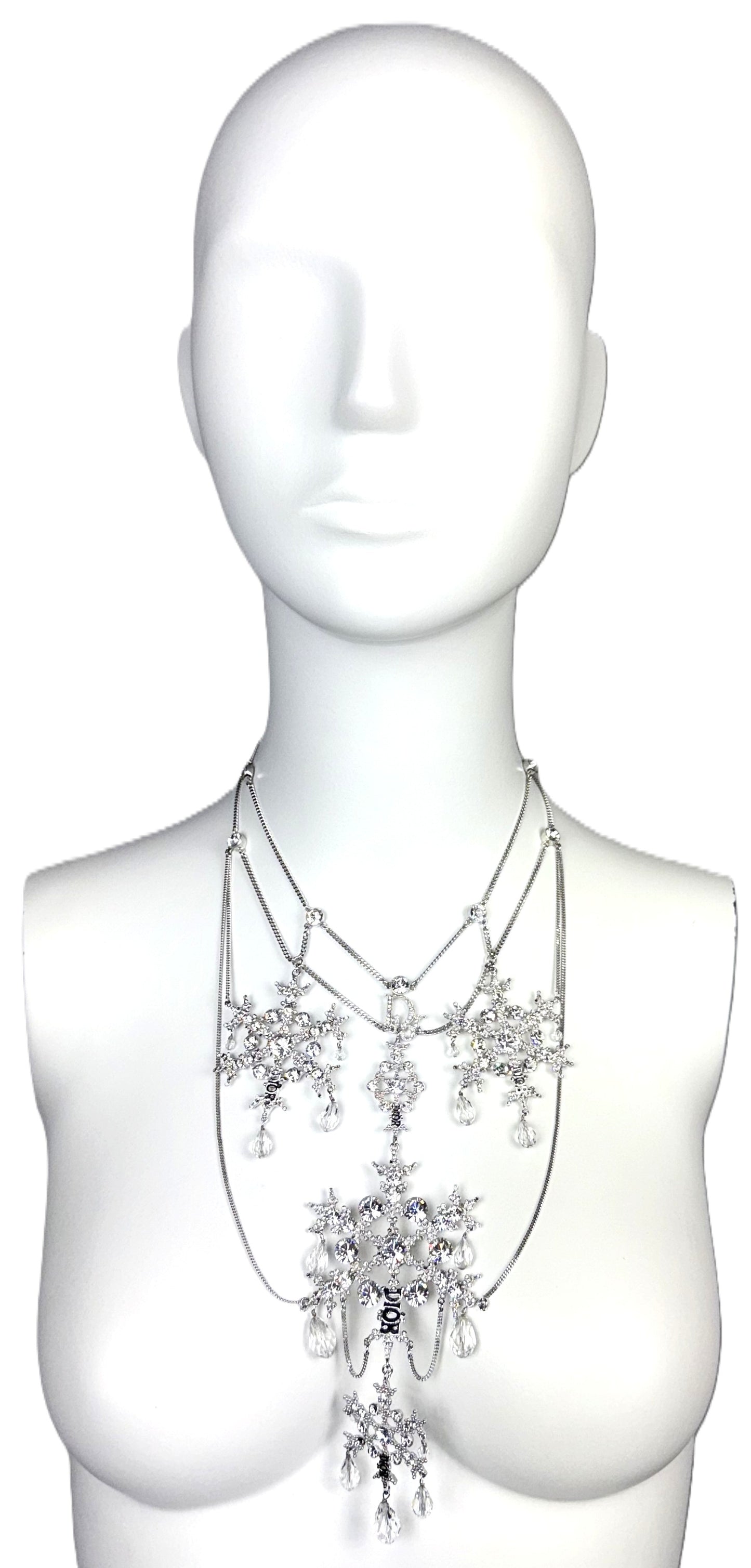 2000's Christian Dior x John Galliano RARE Large Silver Crystal Snowflake Chandelier Necklace
