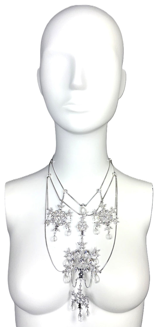 2000's Christian Dior x John Galliano RARE Large Silver Crystal Snowflake Chandelier Necklace