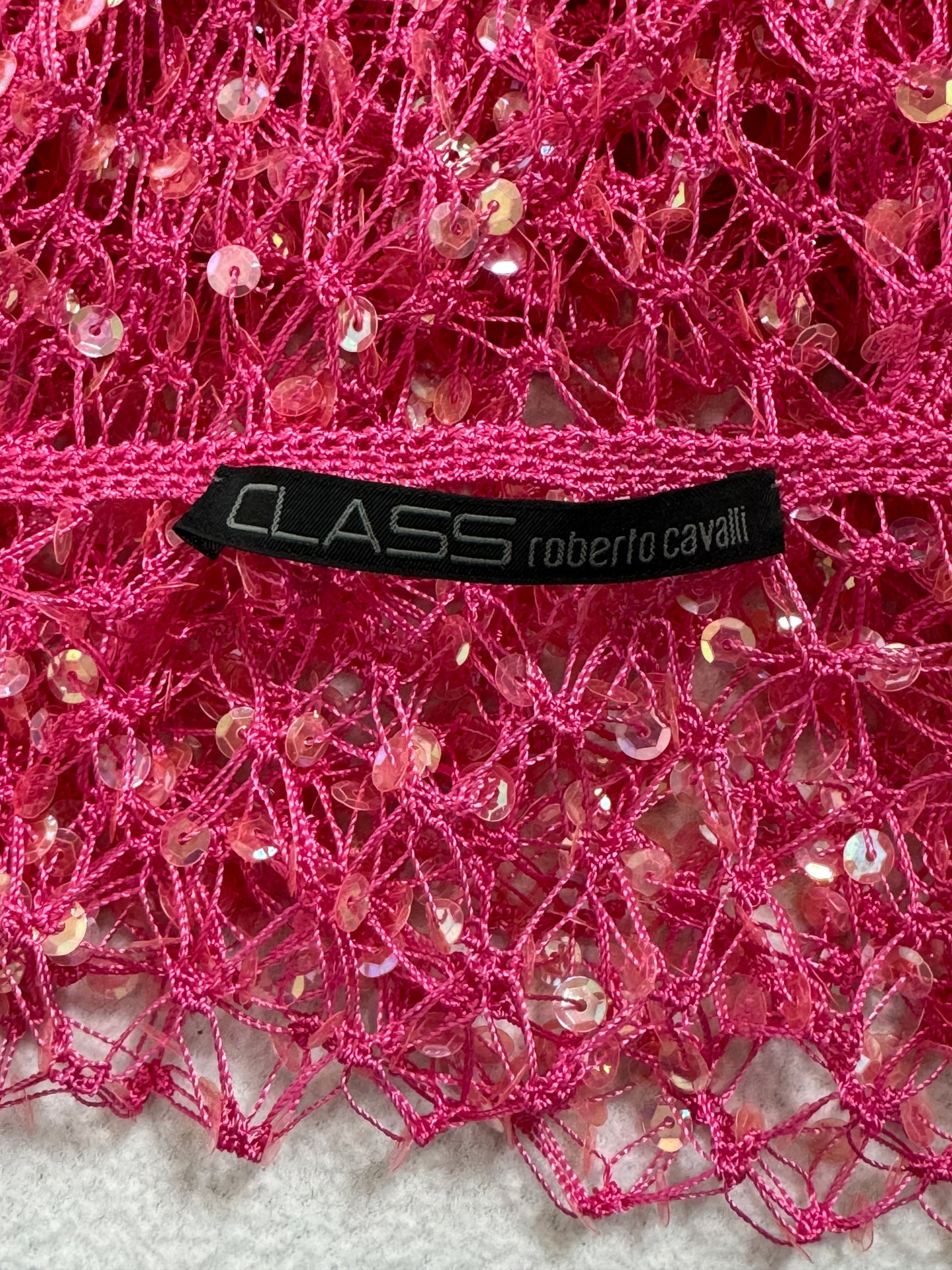 S/S 2001 Roberto Cavalli Class Hot Pink Sequin Embellished Fishnet Maxi Dress
