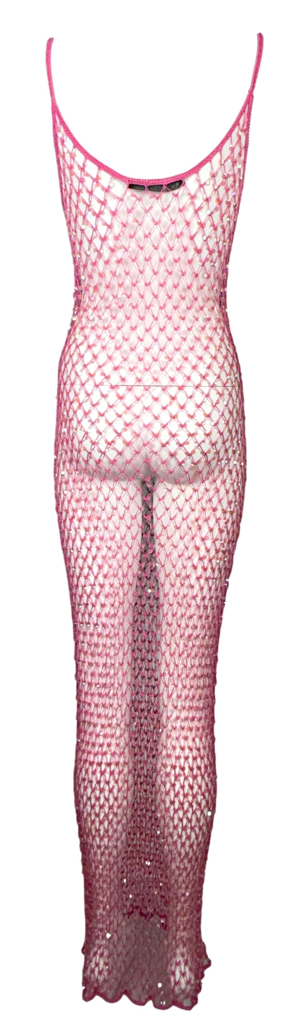 S/S 2001 Roberto Cavalli Class Hot Pink Sequin Embellished Fishnet Maxi Dress
