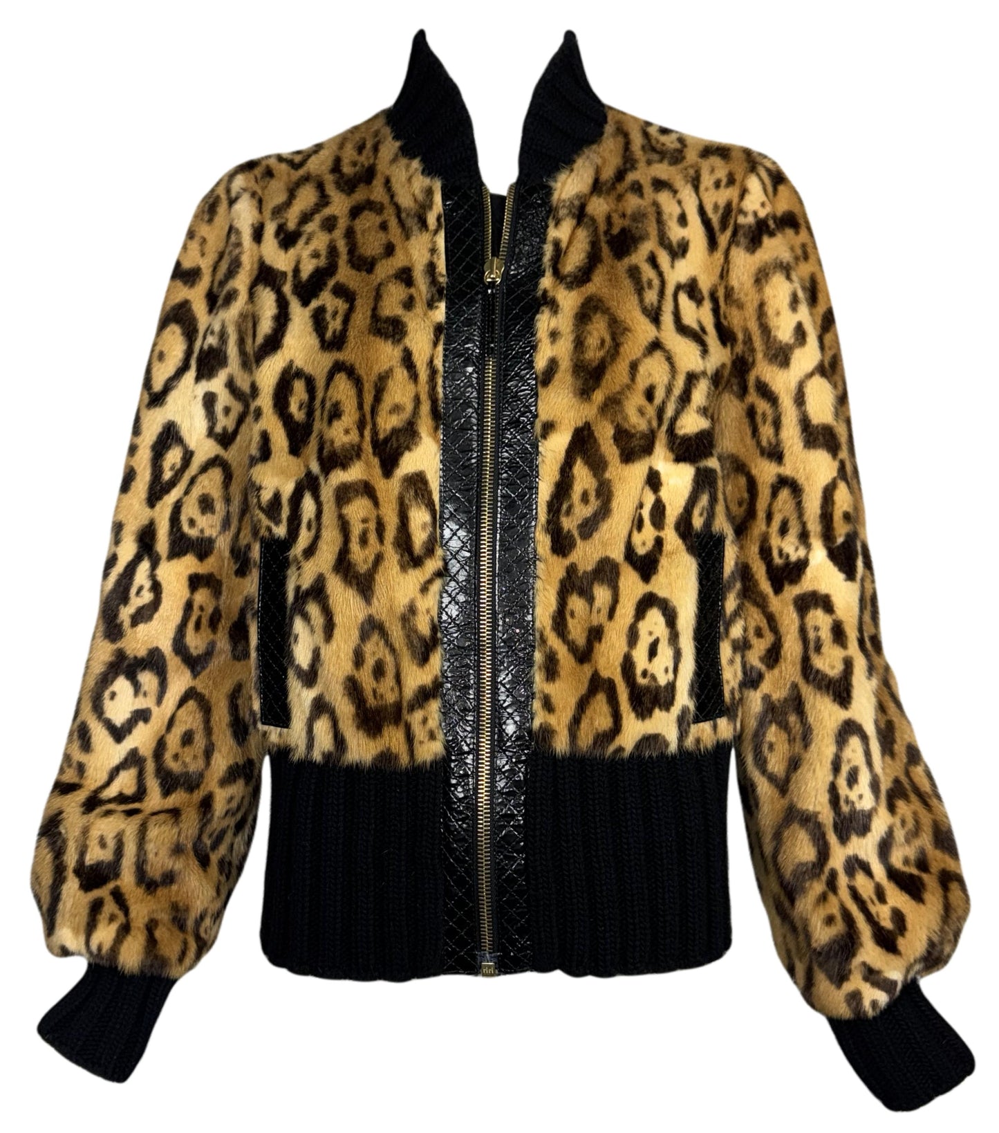 2000's Roberto Cavalli Leopard Print Weasel Fur Bomber Jacket Coat