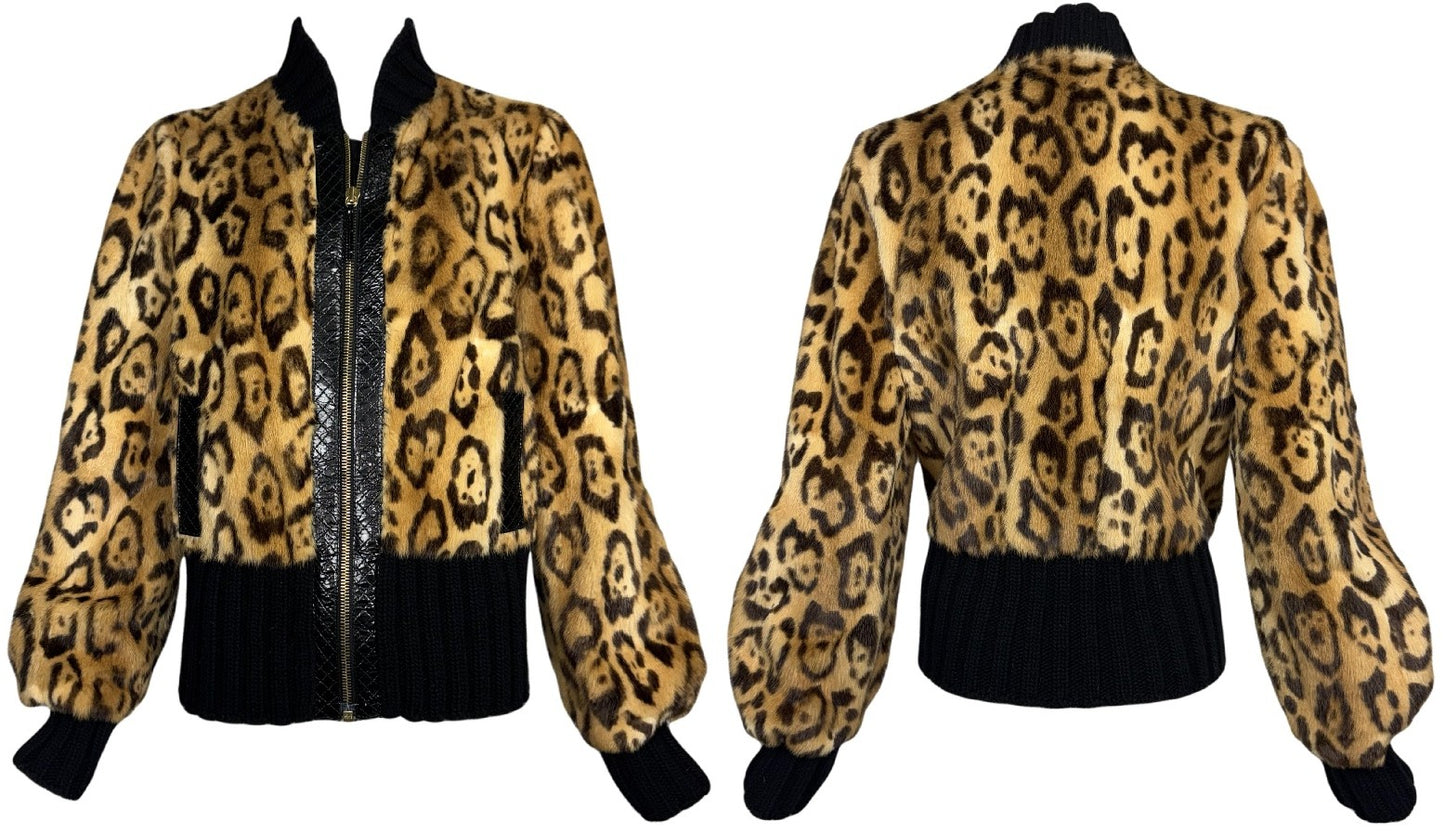 2000's Roberto Cavalli Leopard Print Weasel Fur Bomber Jacket Coat