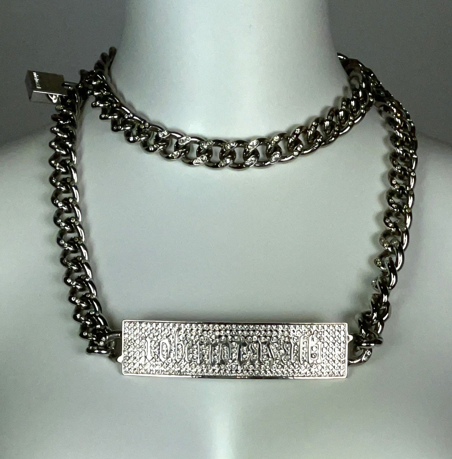 2000's Roberto Cavalli Silver Chunky Chains Logo Necklace & Belt w Lock & Key