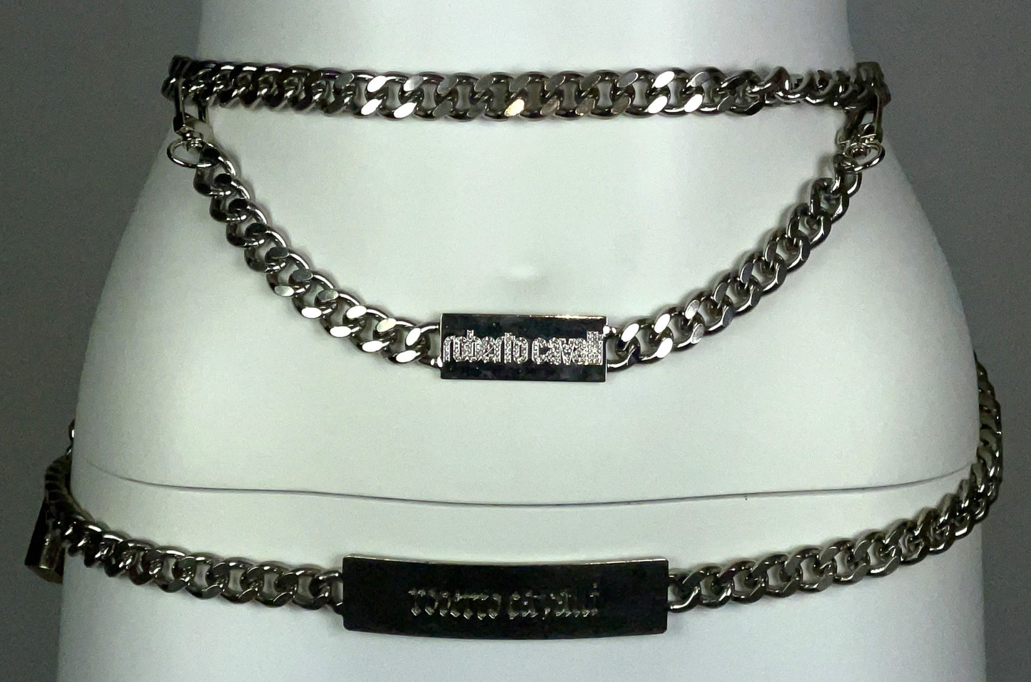 2000's Roberto Cavalli Silver Chunky Chains Logo Necklace & Belt w Lock & Key