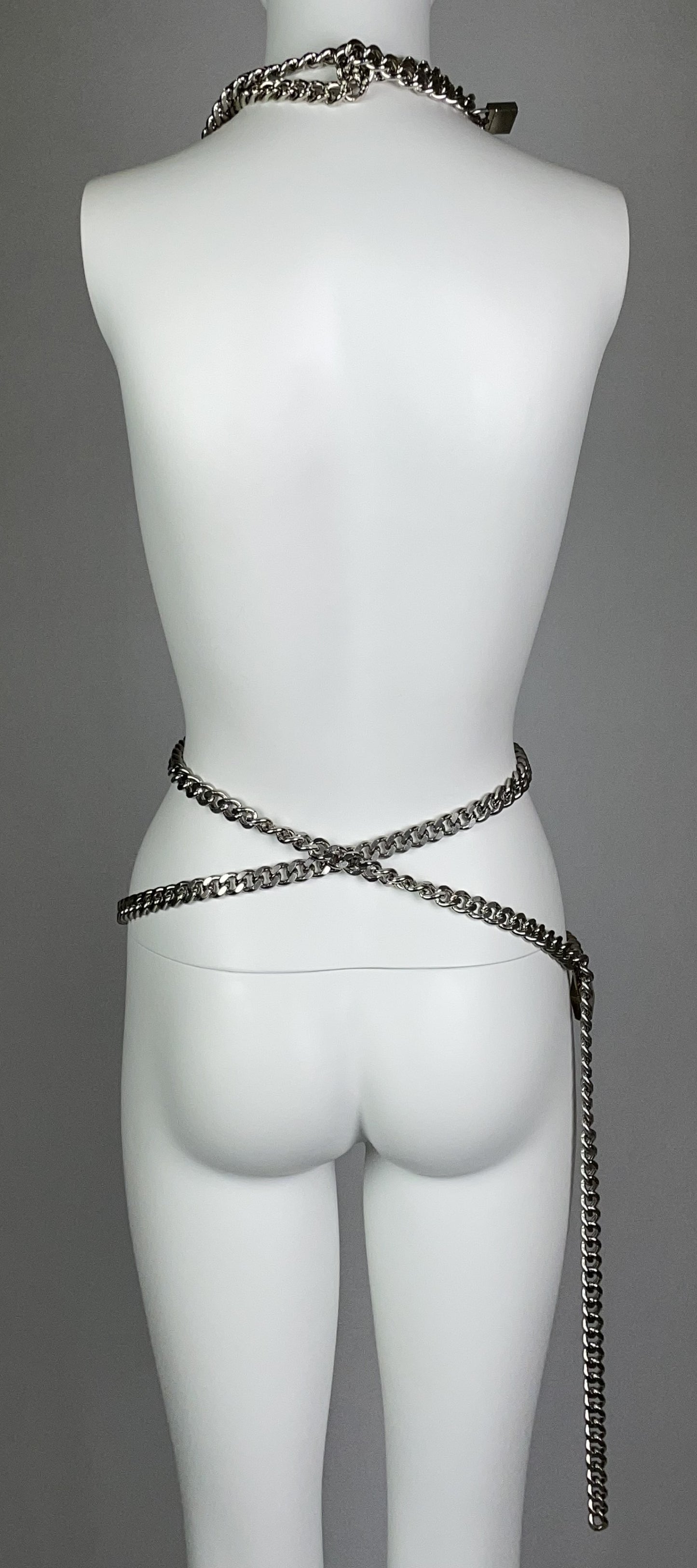 2000's Roberto Cavalli Silver Chunky Chains Logo Necklace & Belt w Lock & Key