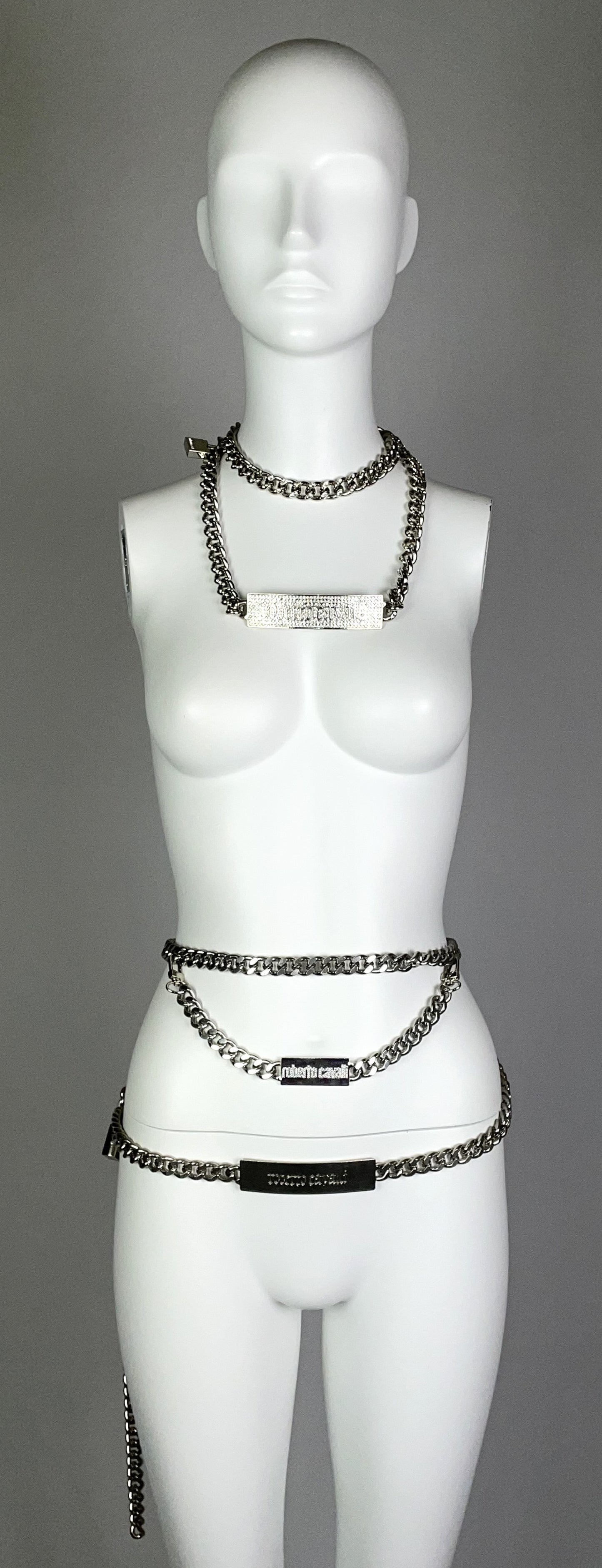 2000's Roberto Cavalli Silver Chunky Chains Logo Necklace & Belt w Lock & Key