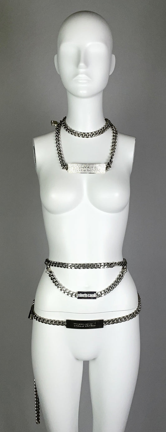 2000's Roberto Cavalli Silver Chunky Chains Logo Necklace & Belt w Lock & Key