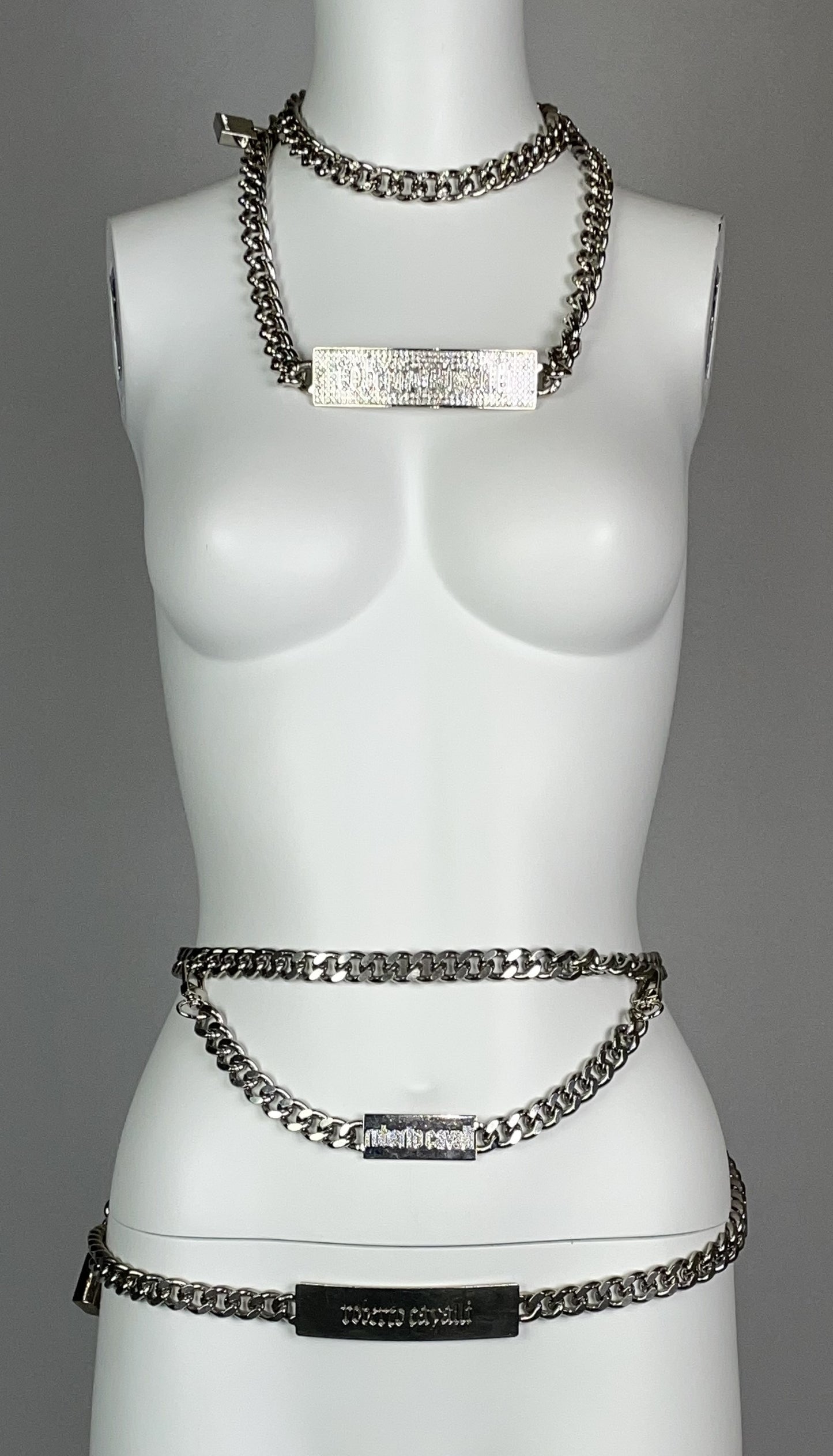 2000's Roberto Cavalli Silver Chunky Chains Logo Necklace & Belt w Lock & Key