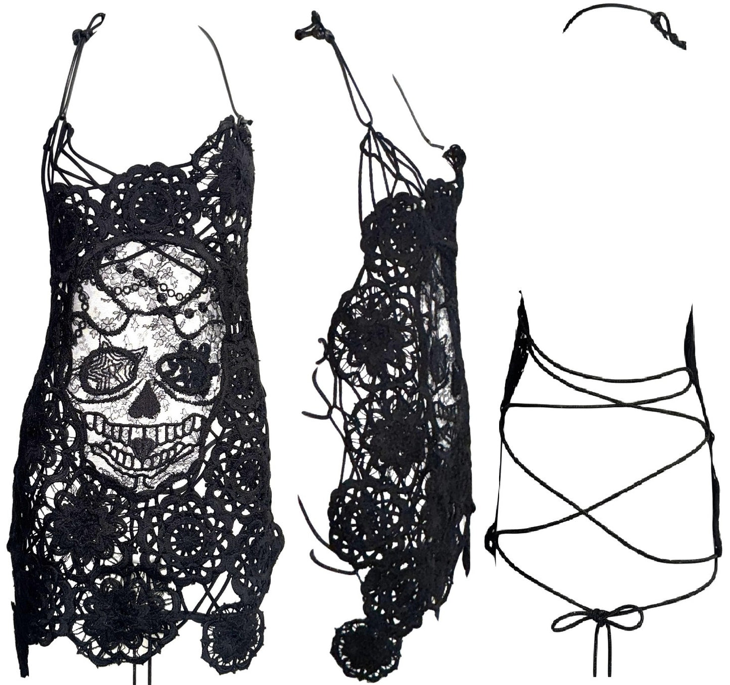S/S 2000 Alexander McQueen RARE One Off Sample GOTH Sheer Lace Sugar Skull Plunging Corset Backless Mini Dress Tunic Top