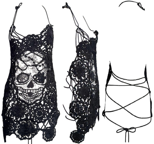 S/S 2000 Alexander McQueen RARE One Off Sample GOTH Sheer Lace Sugar Skull Plunging Corset Backless Mini Dress Tunic Top