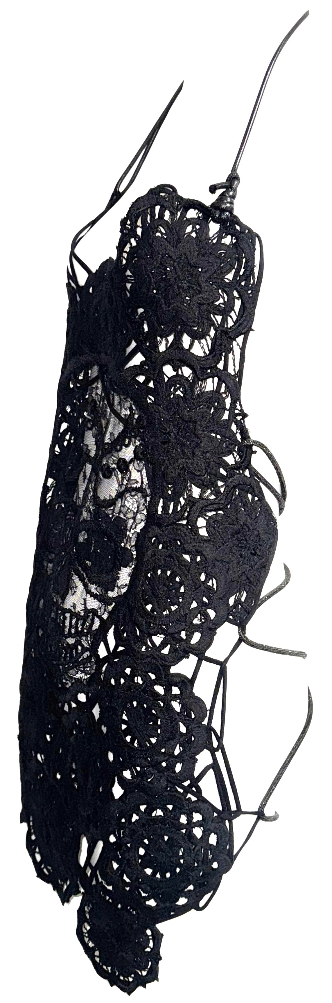 S/S 2000 Alexander McQueen RARE One Off Sample GOTH Sheer Lace Sugar Skull Plunging Corset Backless Mini Dress Tunic Top