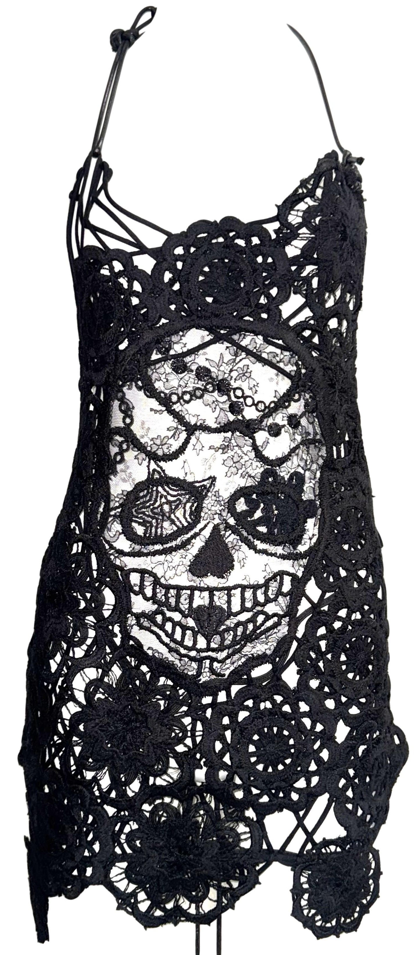 S/S 2000 Alexander McQueen RARE One Off Sample GOTH Sheer Lace Sugar Skull Plunging Corset Backless Mini Dress Tunic Top