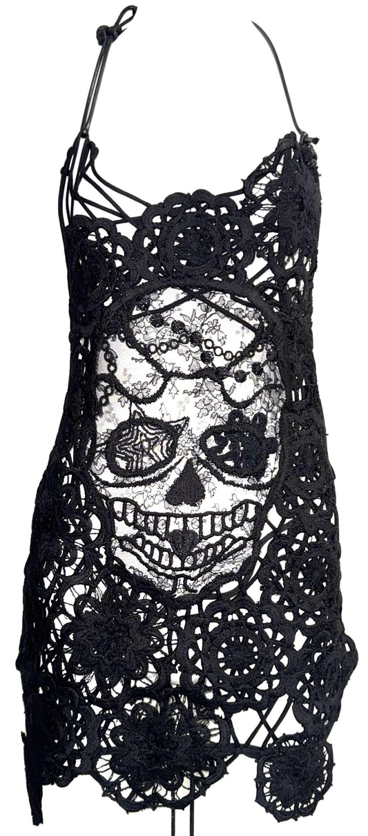S/S 2000 Alexander McQueen RARE One Off Sample GOTH Sheer Lace Sugar Skull Plunging Corset Backless Mini Dress Tunic Top