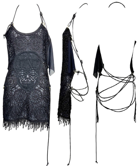 S/S 2000 Alexander McQueen RARE One Off Sample GOTH Sheer Lace Skull Plunging Corset Backless Mini Dress Tunic Top