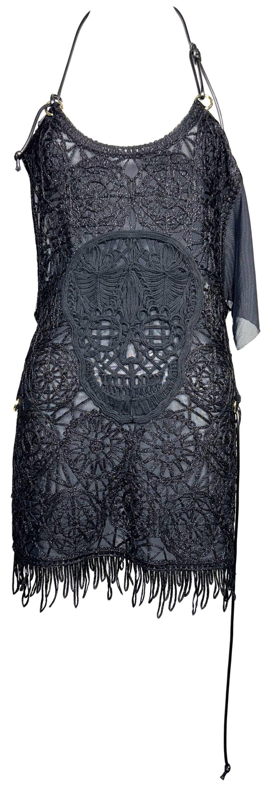 S/S 2000 Alexander McQueen RARE One Off Sample GOTH Sheer Lace Skull Plunging Corset Backless Mini Dress Tunic Top