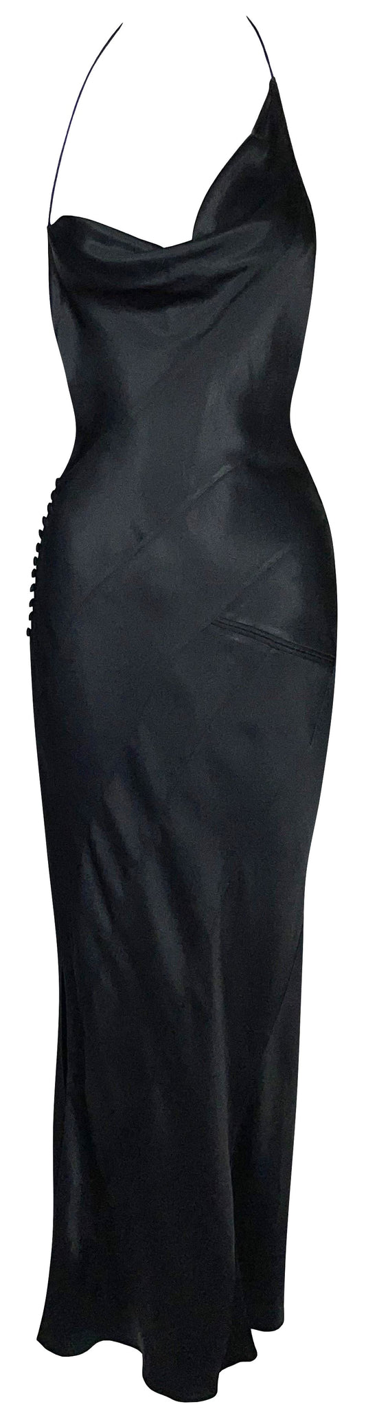S/S 2000 Christian Dior x John Galliano Asymmetrical Black Satin Halter Backless Maxi Dress
