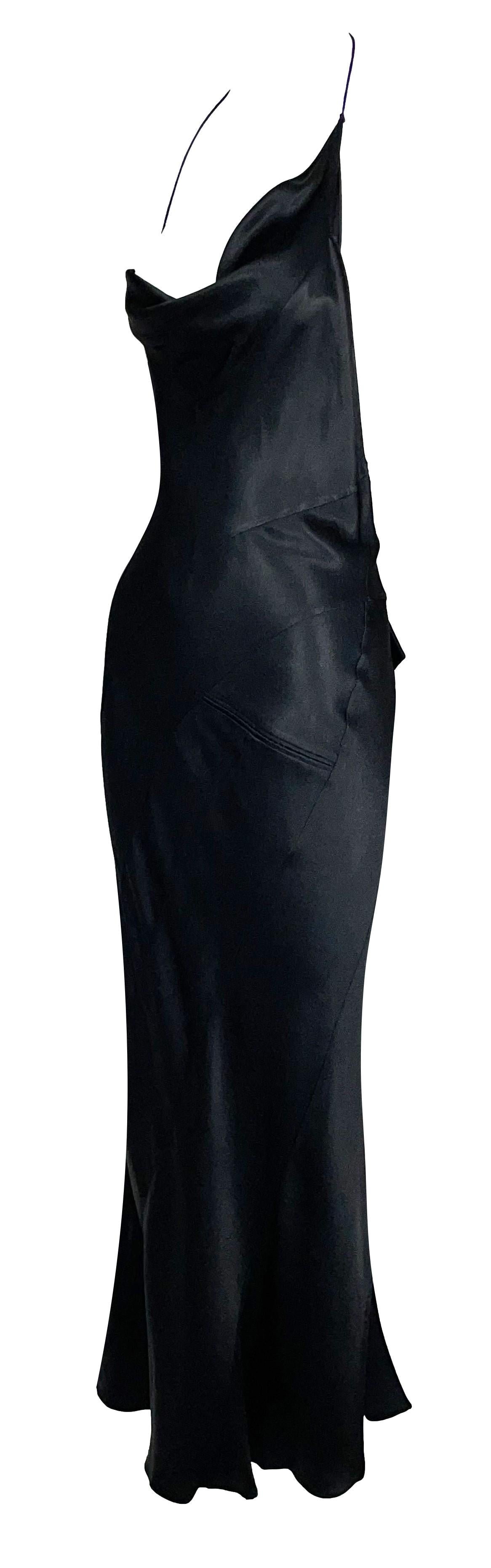 S/S 2000 Christian Dior by John Galliano Asymmetrical Black Satin Halter Backless Maxi Dress