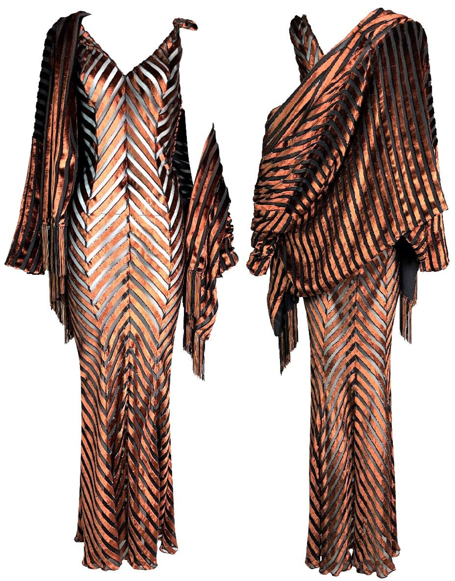 S/S 2000 Christian Dior x John Galliano Rare Sheer Bronze Velvet Mermaid Maxi Dress & Jacket