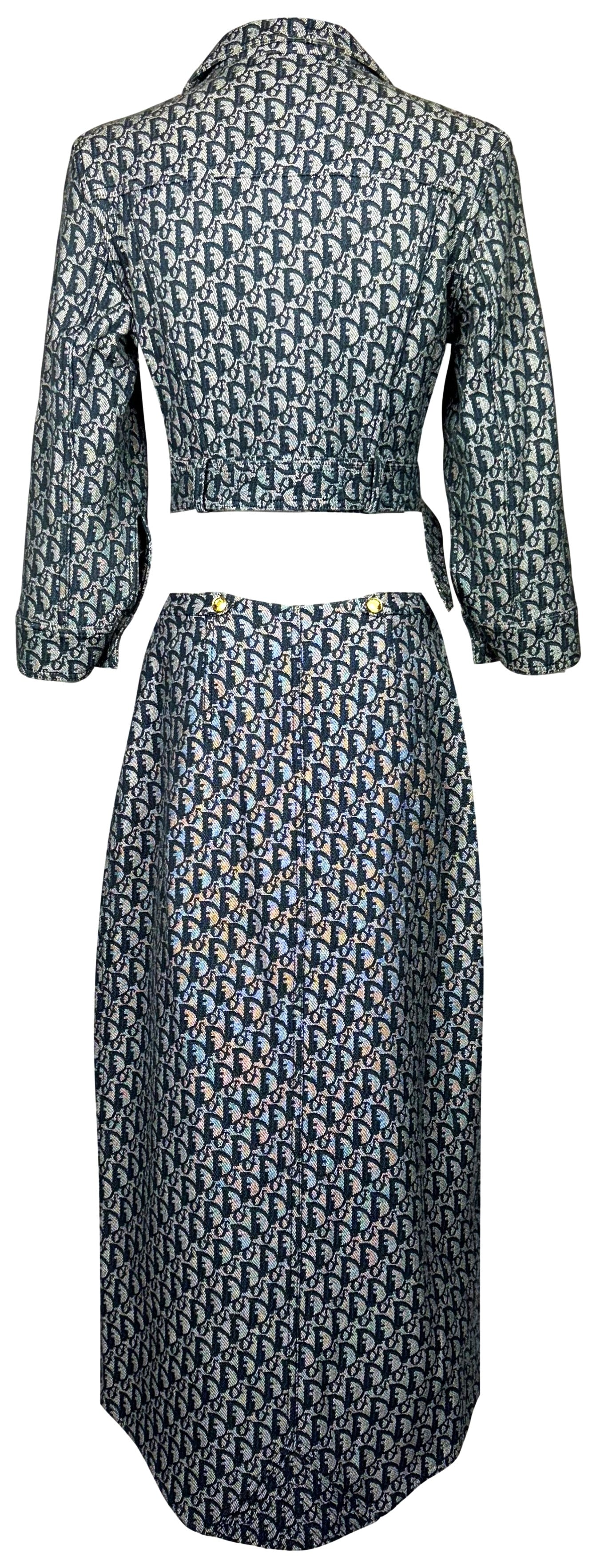 S/S 2000 Christian Dior by John Galliano Logo Monogram Trotter Denim Cropped Buckle Jacket & Zipper Maxi Skirt