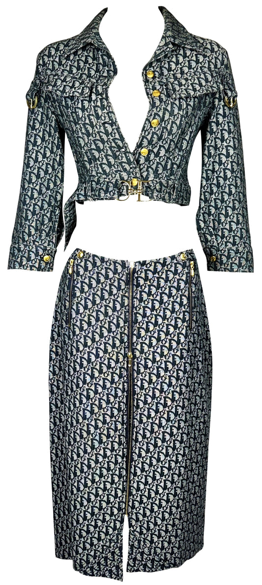 S/S 2000 Christian Dior by John Galliano Logo Monogram Trotter Denim Cropped Buckle Jacket & Zipper Maxi Skirt