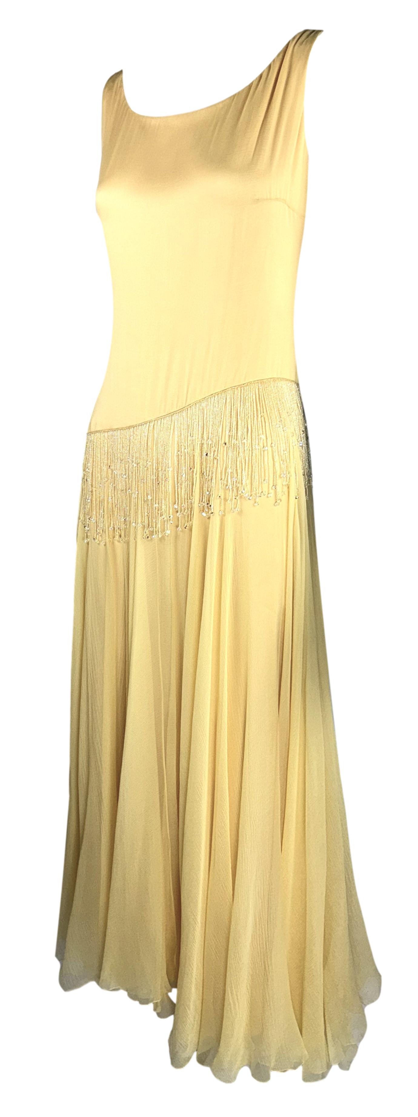 S/S 2000 Christian Dior by John Galliano Haute Couture Canary Yellow Silk 30's Style Drop Waist Beaded Fringe Maxi Dress
