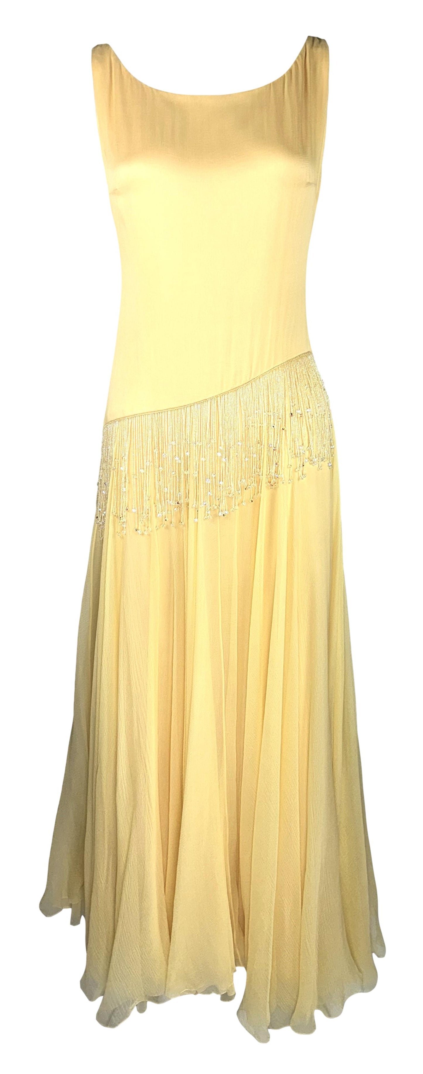 S/S 2000 Christian Dior by John Galliano Haute Couture Canary Yellow Silk 30's Style Drop Waist Beaded Fringe Maxi Dress