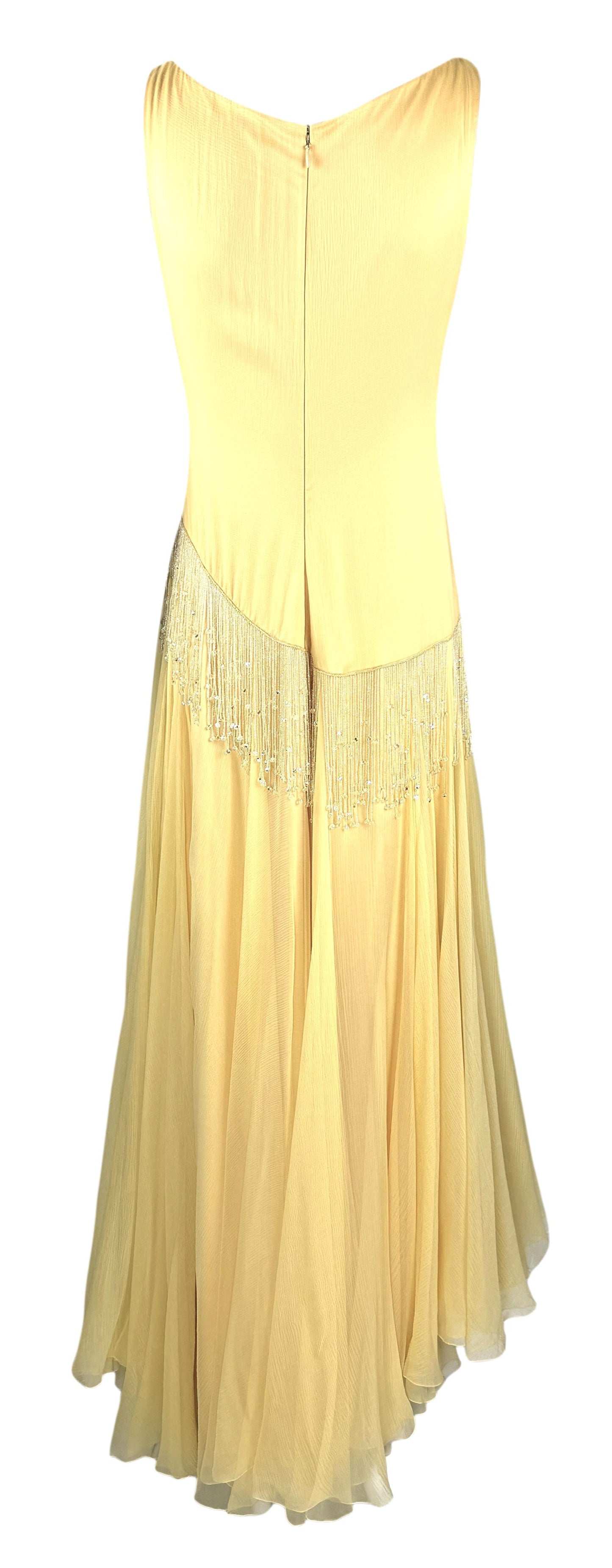 S/S 2000 Christian Dior by John Galliano Haute Couture Canary Yellow Silk 30's Style Drop Waist Beaded Fringe Maxi Dress
