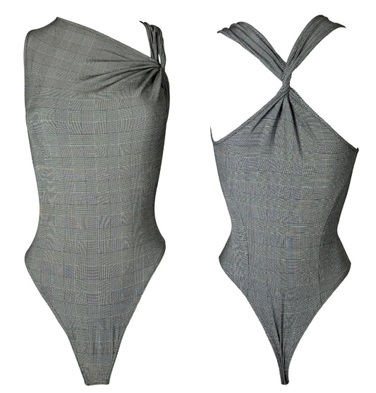 S/S 2000 Christian Dior by John Galliano Black & White Plaid Asymmetrical Bodysuit Top