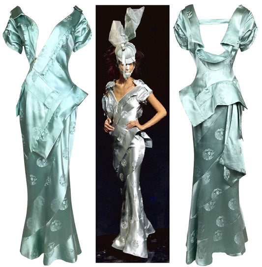 S/S 2000 Christian Dior by John Galliano Runway Blue Chinoiserie Zipper Accent Mermaid Gown Dress