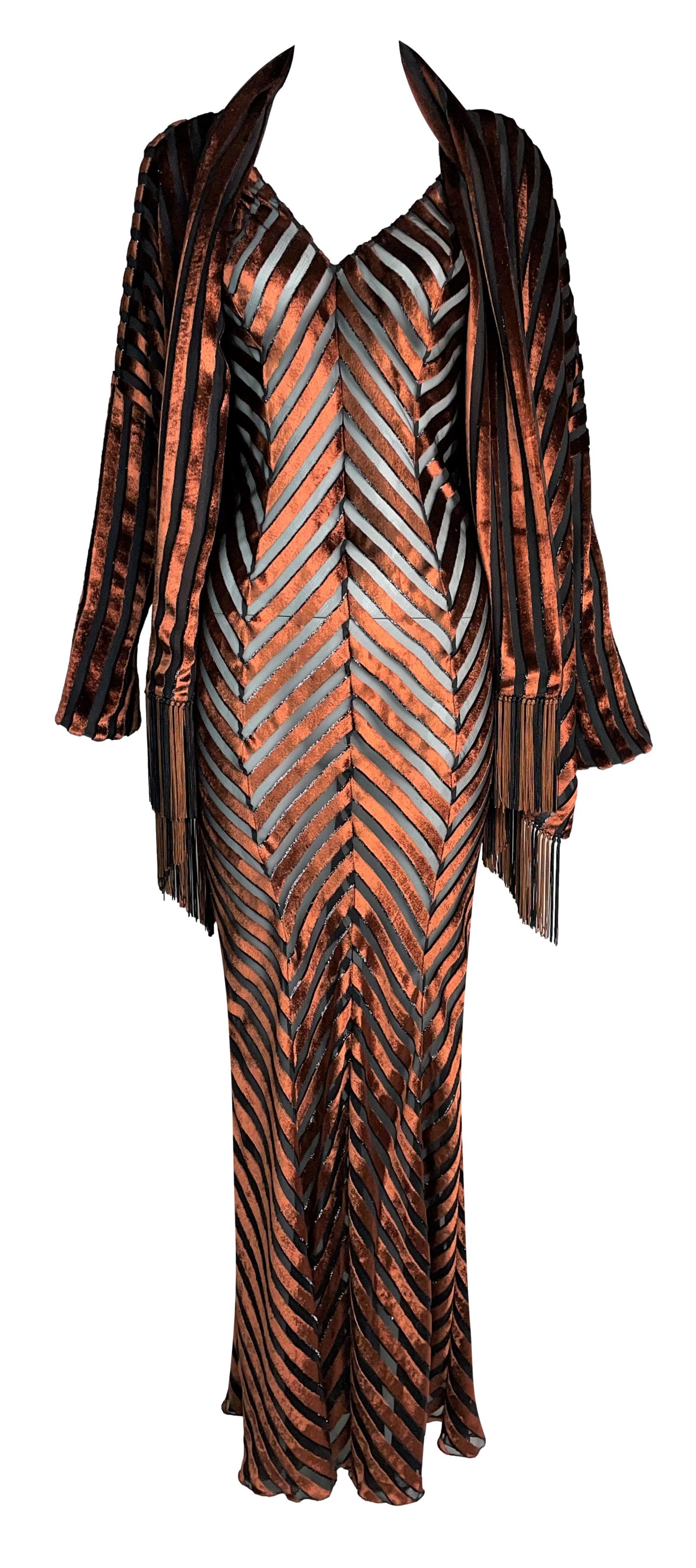 S/S 2000 Christian Dior by John Galliano Sheer Bronze Velvet Mermaid Maxi Dress & Jacket Set