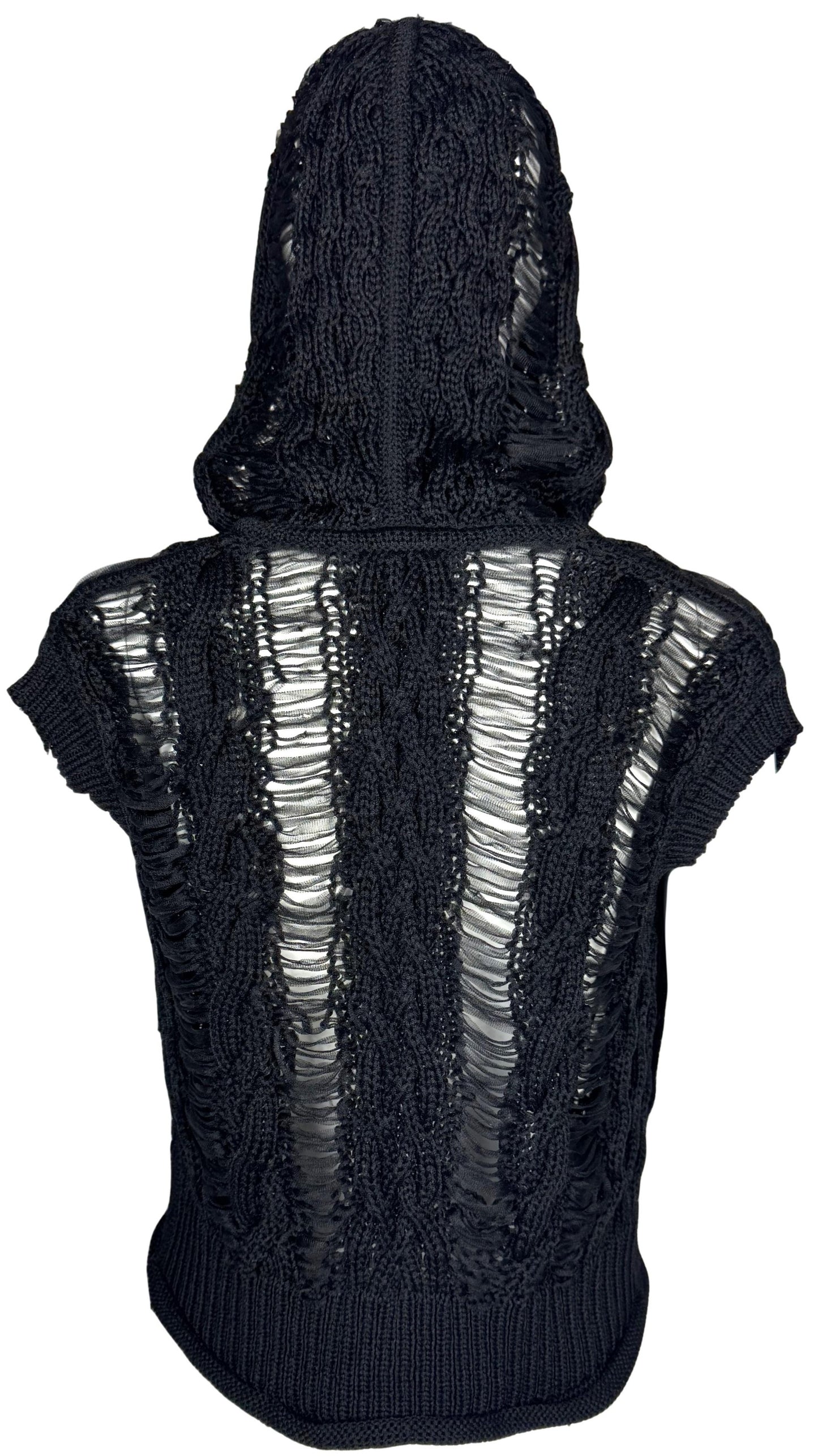 S/S 2000 Christian Dior x John Galliano Black Slashed Shredded Look Ribbon Knit Hoodie Hooded Top Jacket Vest