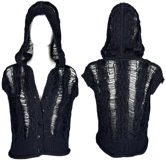 S/S 2000 Christian Dior x John Galliano Black Slashed Shredded Look Ribbon Knit Hoodie Hooded Top Jacket Vest