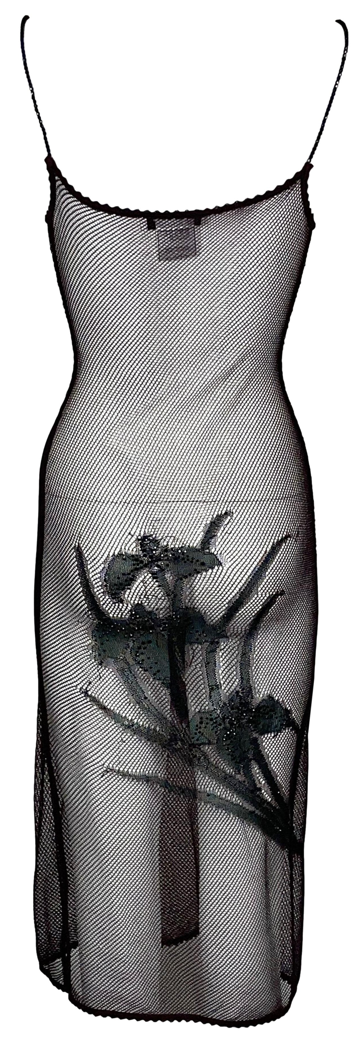 S/S 2000 Christian Dior by John Galliano Sheer Burgundy Fishnet Embellished Embroidered Dress