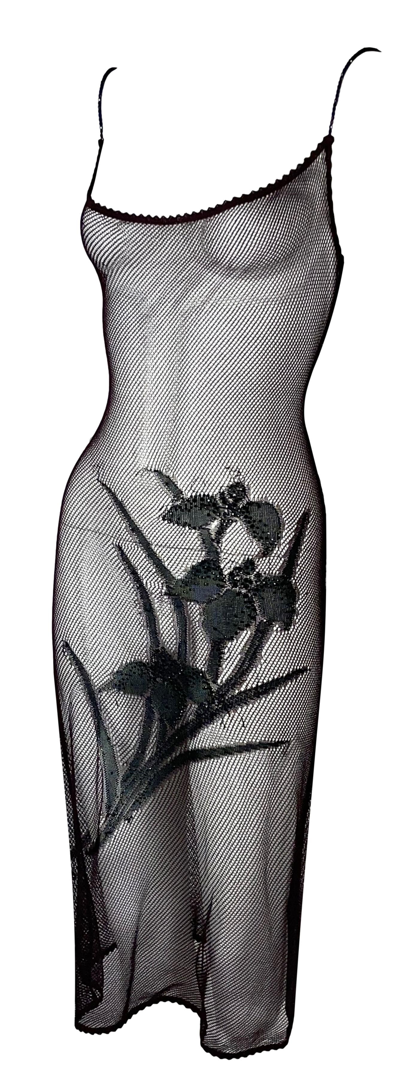 S/S 2000 Christian Dior by John Galliano Sheer Burgundy Fishnet Embellished Embroidered Dress