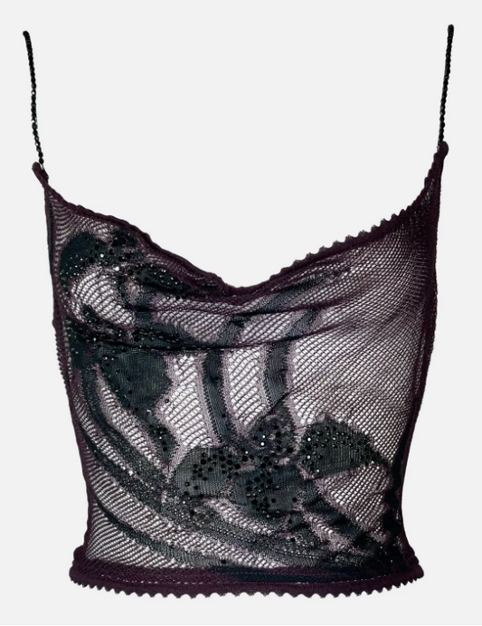 S/S 2000 Christian Dior by John Galliano Sheer Burgundy & Black Fishnet Mesh Embroidered Cami Crop Top