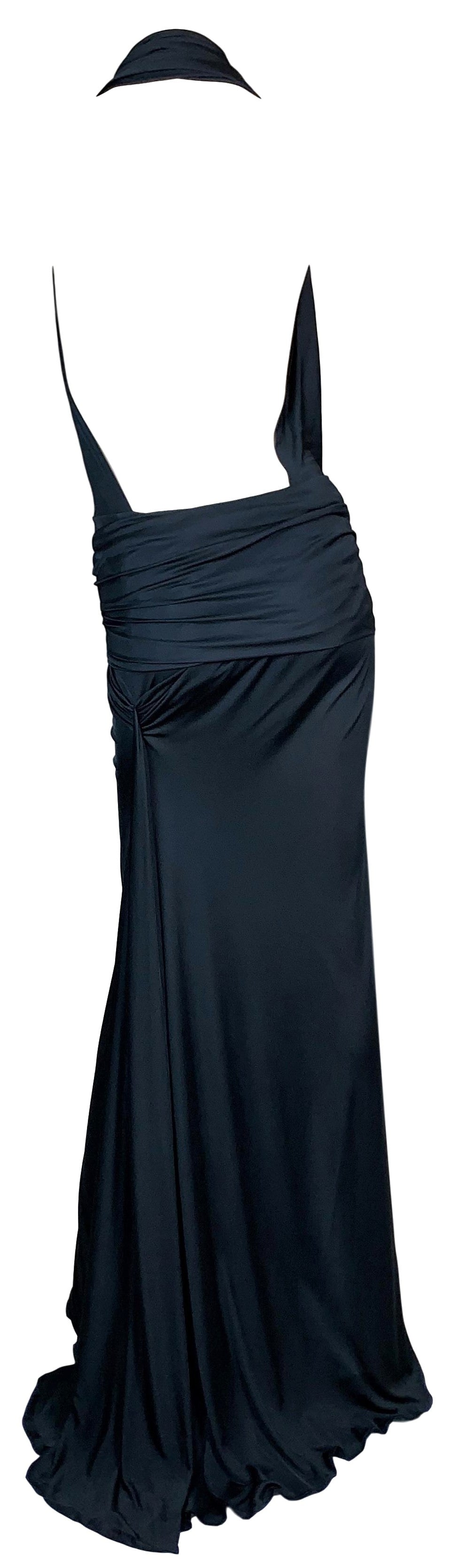 S/S 2000 Gianni Versace Runway Plunging Black High Slit Gown Maxi Dress