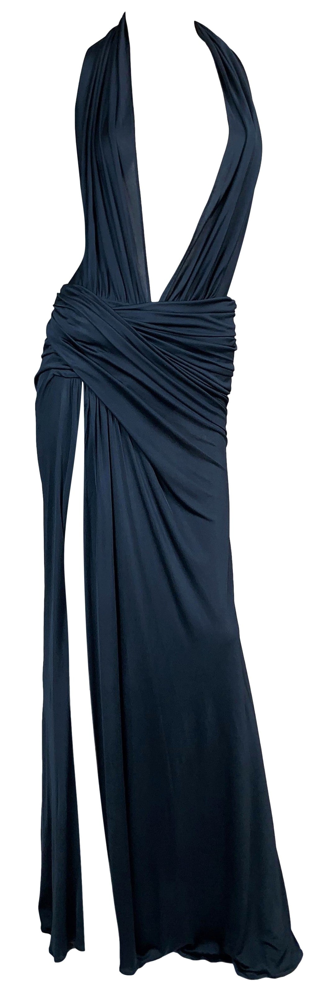 S/S 2000 Gianni Versace Runway Plunging Black High Slit Gown Maxi Dress